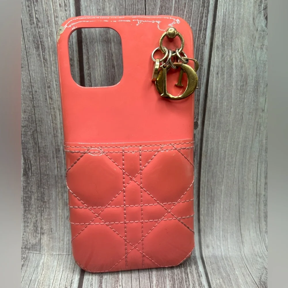 DIOR Lady Dior Lambskin Quilted Leather iPhone 14 Phone Case w/ Logo Charm Pink